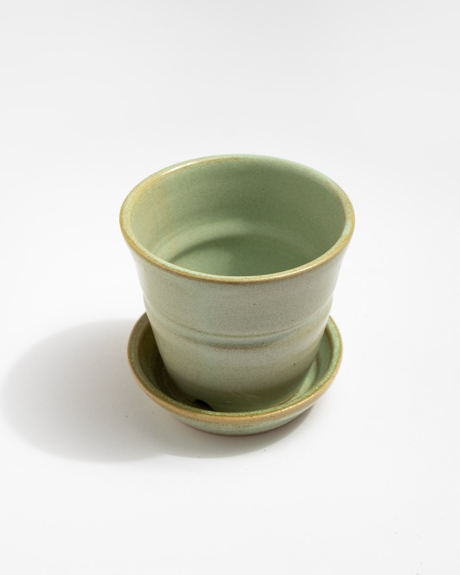 Green ceramic pot with saucer, artisan ceramics Italy, wheel-thrown pottery